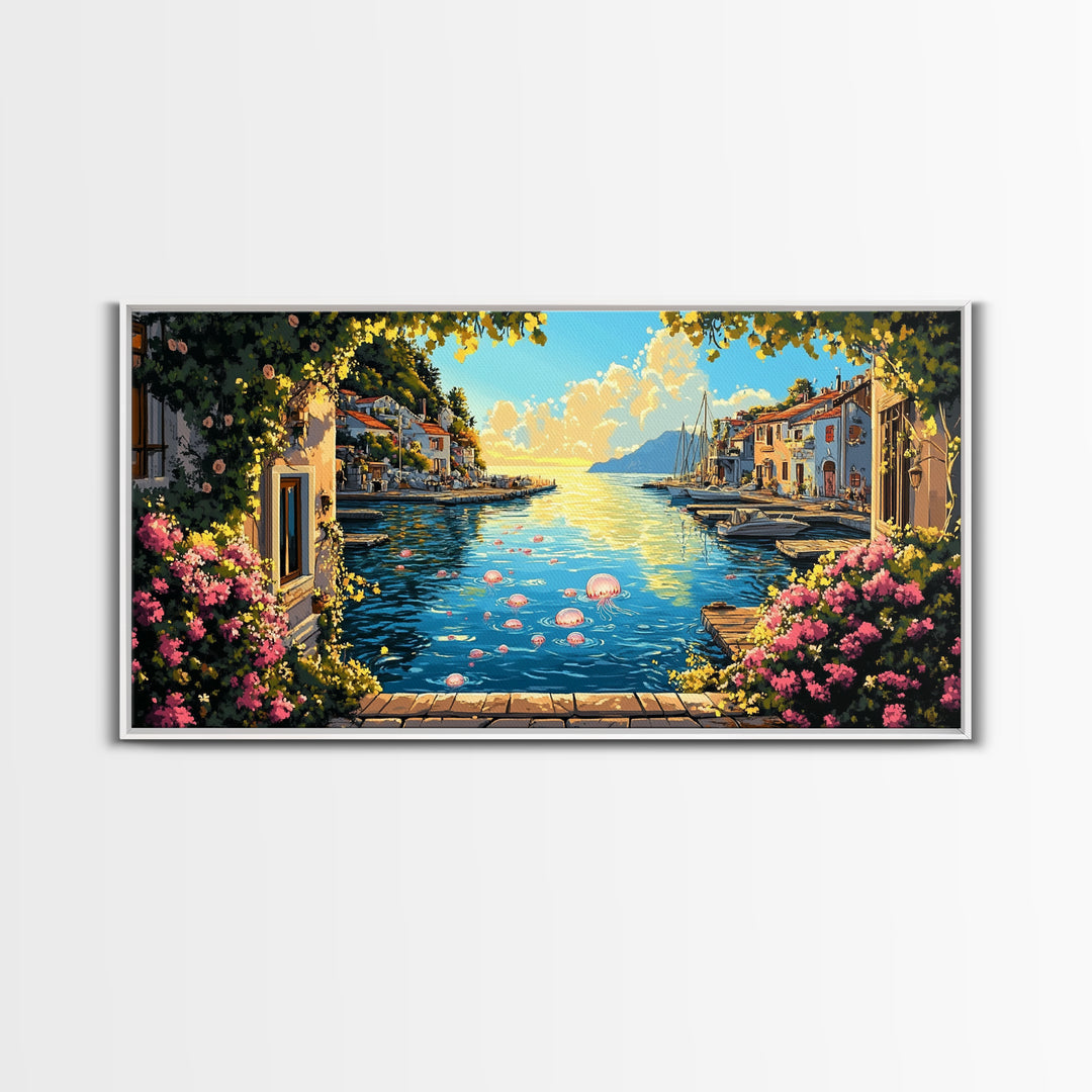 Mediterranean Flower Harbor Wall Art, Sunny Coastal Village Canvas Print, Lake Como Decor, Living Room Wall Art Gift For Her
