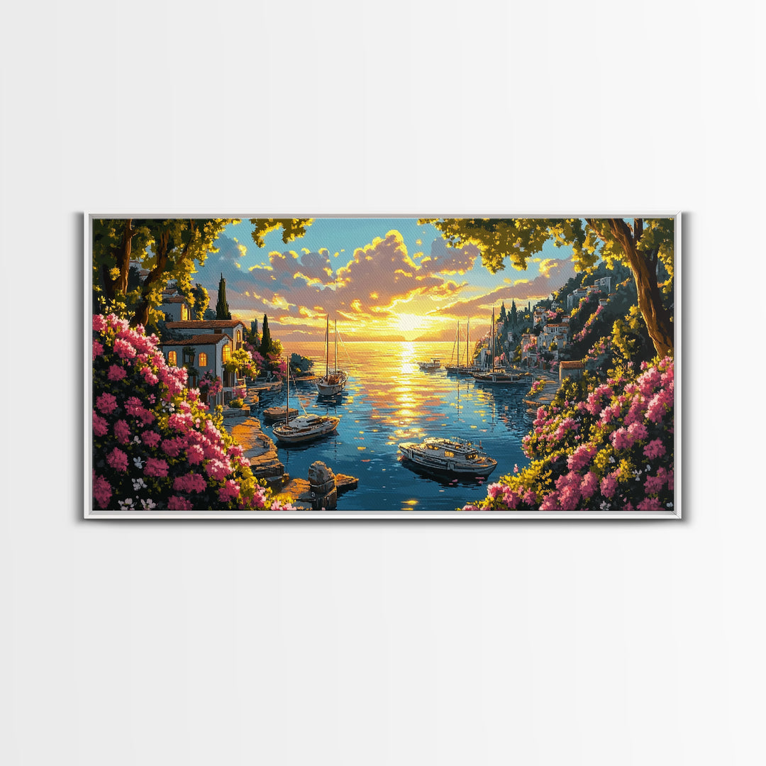 Golden Amalfi Harbor Sunset Wall Art, Coastal Village Seascape Canvas Print, Mediterranean Decor, Above Sofa Wall Art Gift