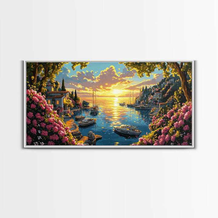 Golden Amalfi Harbor Sunset Wall Art, Coastal Village Seascape Canvas Print, Mediterranean Decor, Above Sofa Wall Art Gift