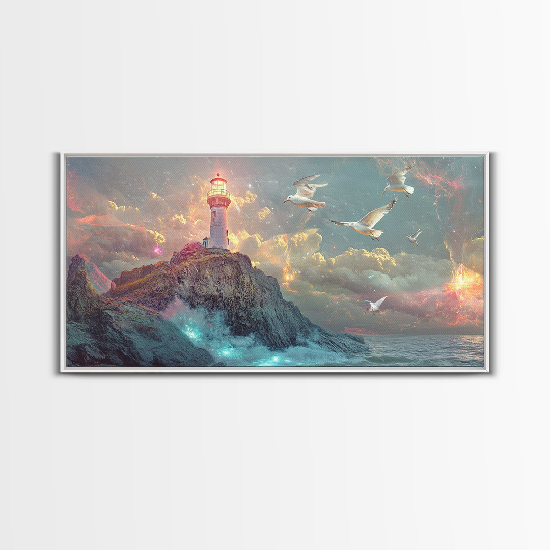 Stormy Lighthouse On Rocky Cliff Wall Art, Dramatic Seascape Framed Canvas Print, Nautical Decor, Coastal Wall Art Gift For Him