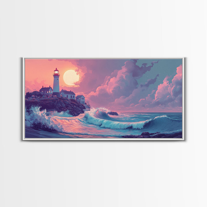 Pastel Moon Lighthouse Wave Wall Art, Dreamy Coastal Seascape Canvas Print, Beach House Decor, Pink Ocean Wall Art Gift For Her