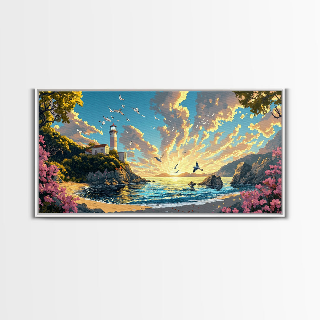 Sunlit Lighthouse Cove With Pink Flowers Canvas Print, Coastal Wall Art, Ocean Seascape, Beach House Decor Gift For Living Room Decor