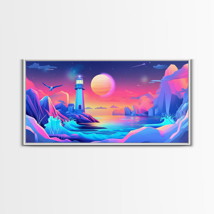 Neon Iceberg Lighthouse Under Giant Moon Canvas Print, Futuristic Wall Art, Cyberpunk Decor, Sci Fi Ocean Landscape Poster