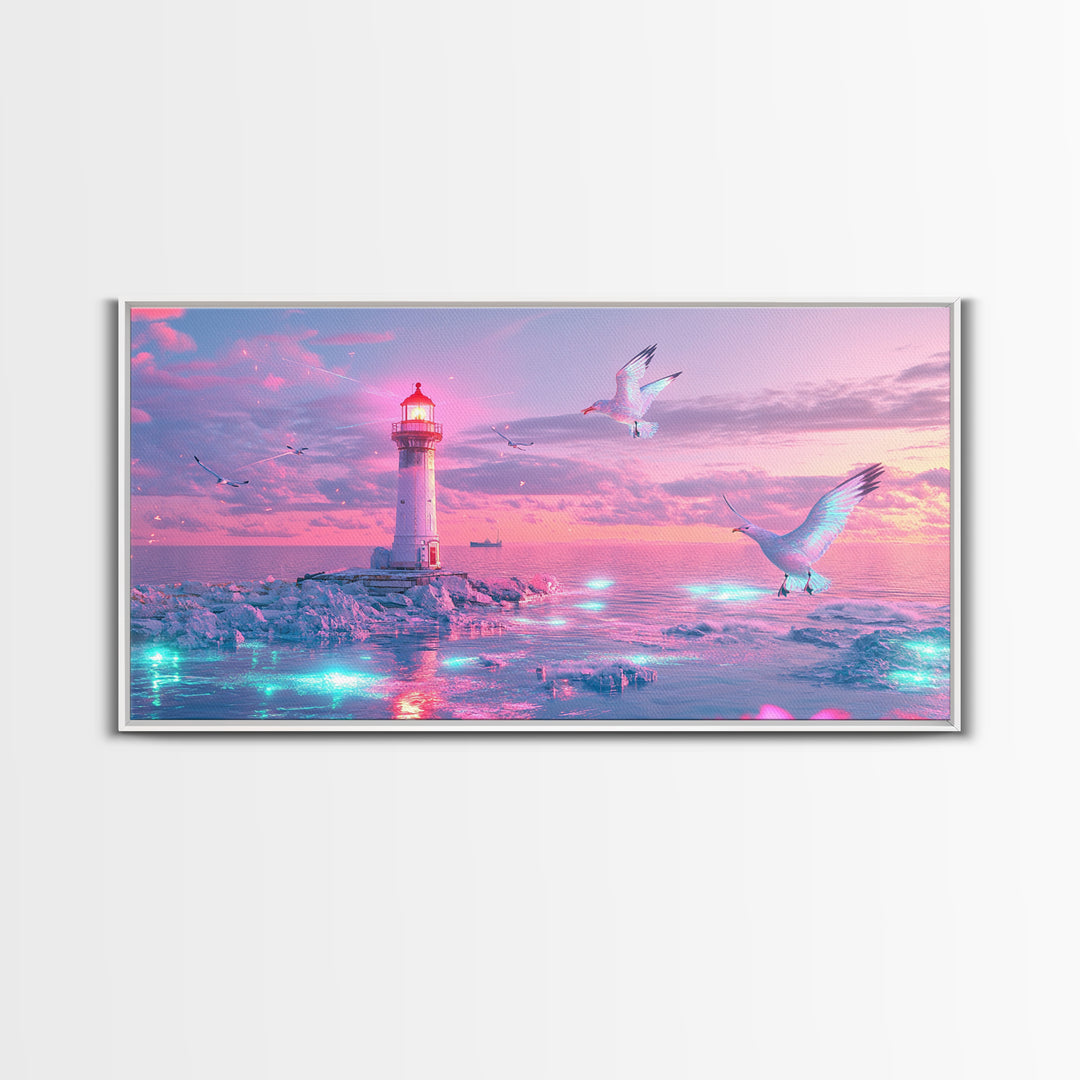 Pastel Pink Lighthouse On Glowing Sea Canvas Print, Coastal Wall Art, Dreamy Seascape, Beach Decor For Bedroom Wall Decor