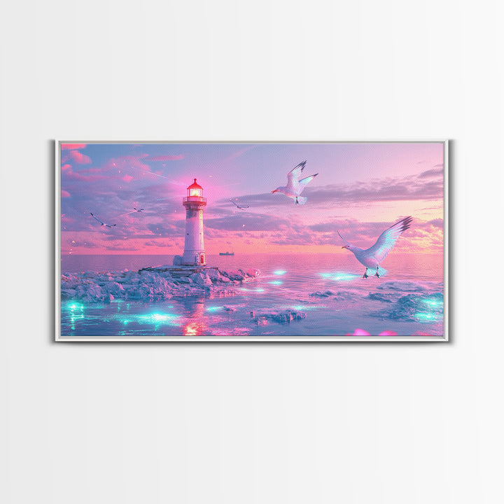 Pastel Pink Lighthouse On Glowing Sea Canvas Print, Coastal Wall Art, Dreamy Seascape, Beach Decor For Bedroom Wall Decor