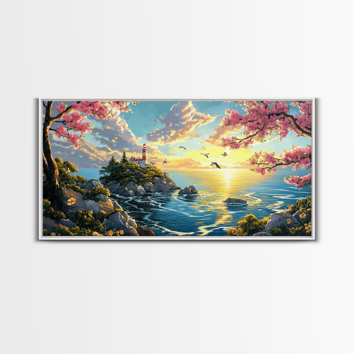 Cherry Blossom Lighthouse Over Golden Sea Framed Canvas Print, Coastal Wall Art, Spring Decor, Ocean Landscape Art Gift Idea