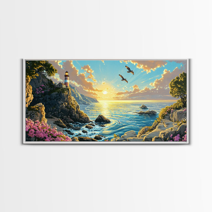 Clifftop Lighthouse Path With Seagulls Framed Canvas Print, Coastal Wall Art, Panoramic Ocean Art, Beach House Decor Gift