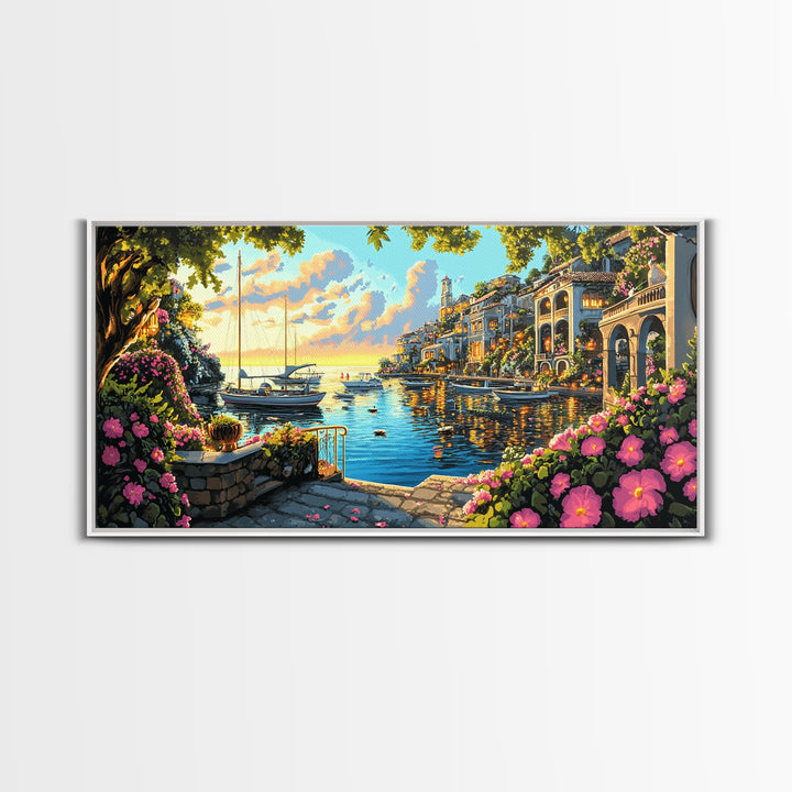 Flower Filled Mediterranean Marina At Sunset Canvas Print, Coastal Wall Art, Italy Decor, Canal Village Landscape Print Gift