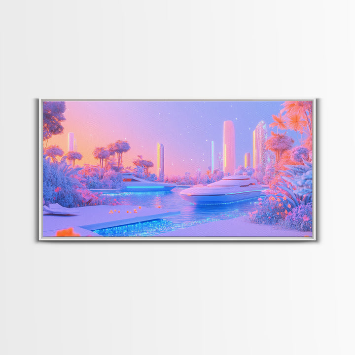 Pastel Futuristic Yacht Canal With Pink Palms Canvas Print, Sci Fi Wall Art, Vaporwave Decor, Dreamy Coastal Poster For Bedroom