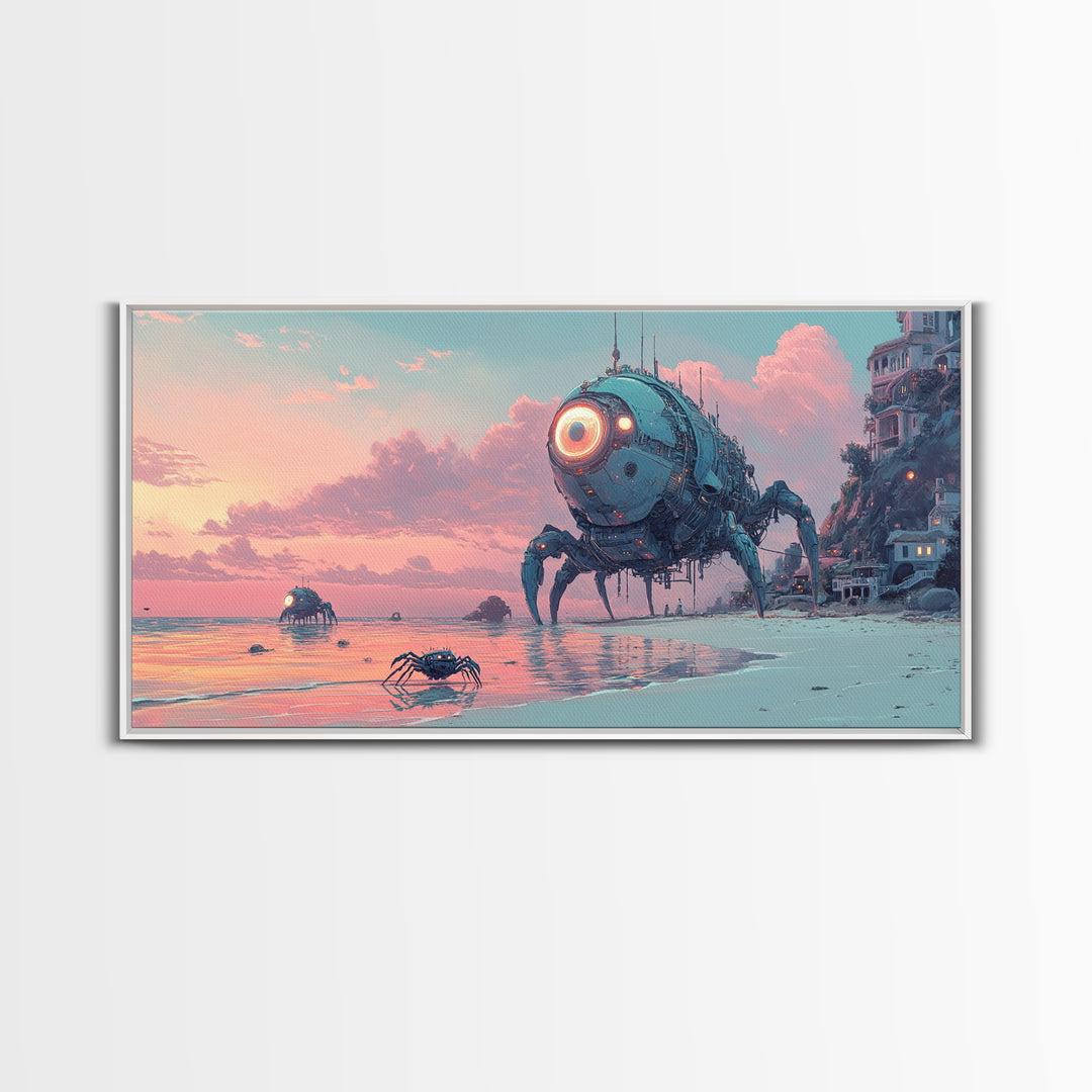 Robot Crab Beach Sunset Wall Art, Sci Fi Coastal Canvas, Futuristic Ocean Decor, Cyberpunk Seascape Print, Gamer Gift For Him