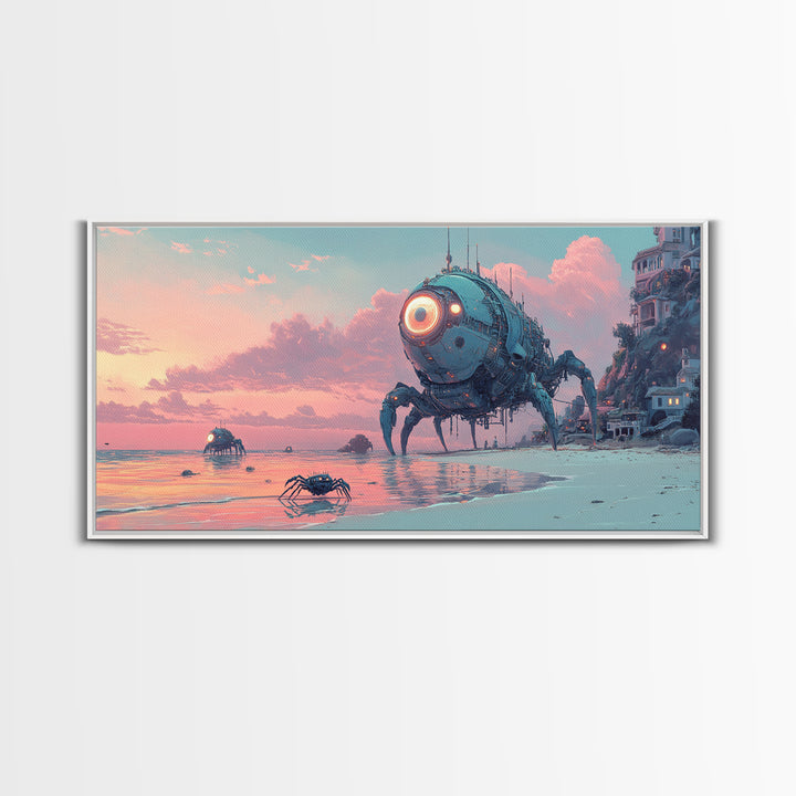 Robot Crab Beach Sunset Wall Art, Sci Fi Coastal Canvas, Futuristic Ocean Decor, Cyberpunk Seascape Print, Gamer Gift For Him