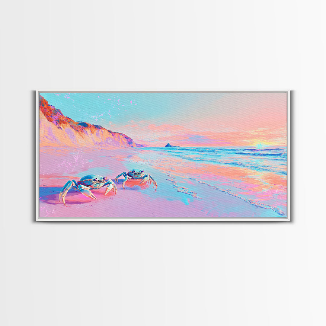 Pastel Crabs On Pink Beach Canvas Print, Coastal Wall Decor, Ocean Sunset Art, Tropical Nursery Decor, Beach House Gift For Her