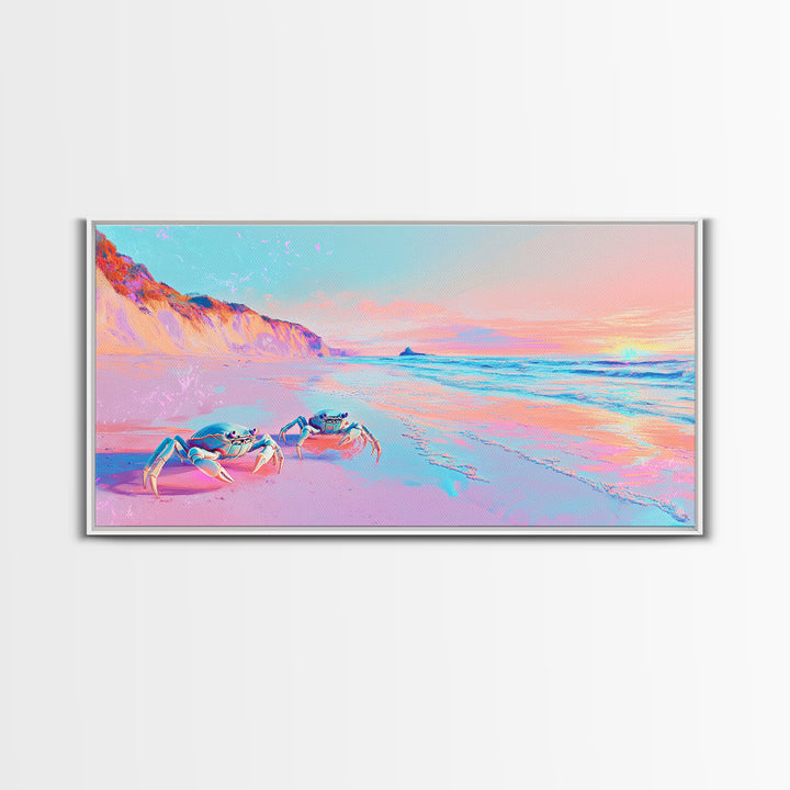 Pastel Crabs On Pink Beach Canvas Print, Coastal Wall Decor, Ocean Sunset Art, Tropical Nursery Decor, Beach House Gift For Her