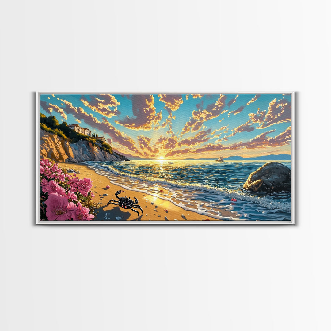 Golden Coastal Sunset With Crab Wall Art, Mediterranean Beach House Decor, Ocean Seascape Print, Living Room Canvas Art Gift