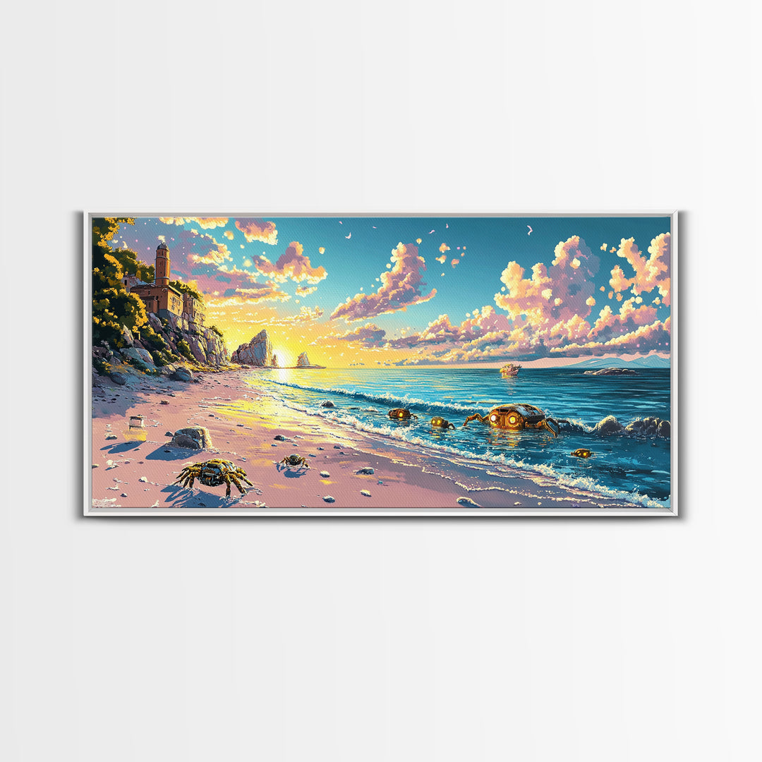 Sunlit Lighthouse Cove And Robot Crab Canvas Print, Coastal Sci Fi Wall Decor, Ocean Beach Art, Futuristic Nautical Gift
