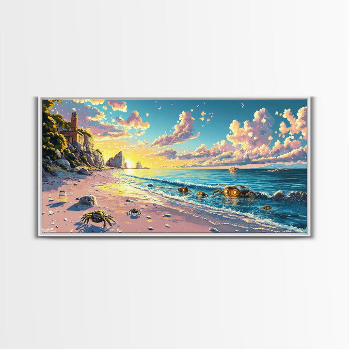 Sunlit Lighthouse Cove And Robot Crab Canvas Print, Coastal Sci Fi Wall Decor, Ocean Beach Art, Futuristic Nautical Gift