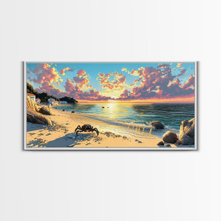 Crab On Golden Beach At Sunset Wall Art, Coastal Seascape Print, Ocean House Decor, Tropical Living Room Canvas Gift For Her