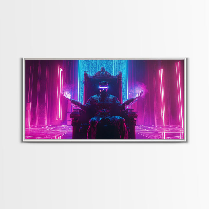 Neon Cyberpunk King On Throne Framed Canvas Print, Futuristic Wall Art, Sci Fi Gaming Room Decor, Dark Fantasy Gift For Him