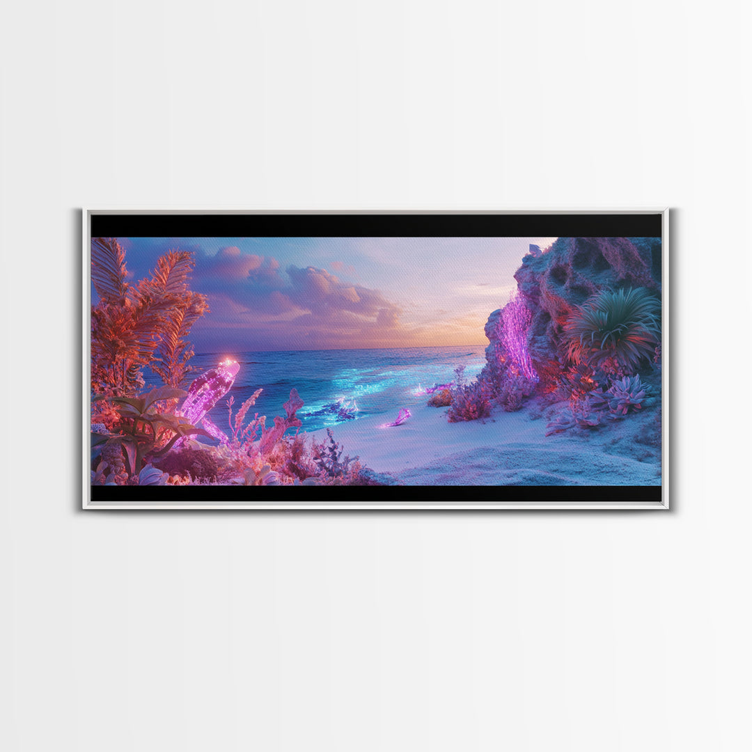 Neon Fantasy Beach With Glowing Coral Canvas Print, Tropical Ocean Wall Art, Cyberpunk Coastal Decor, Ethereal Seascape Print