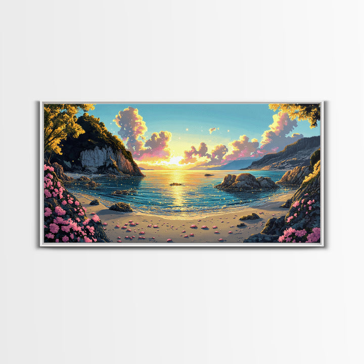 Mountain Cove Sunset With Pink Flowers Wall Art, Coastal Lake Canvas Print, Nature Landscape Decor, Serene Beach House Gift