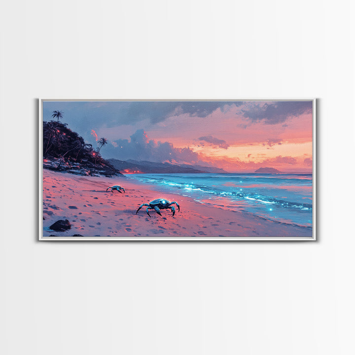 Bioluminescent Crab Beach At Pink Sunset Canvas Print, Coastal Wall Art, Ocean Decor, Beach House Gift, Fantasy Seascape