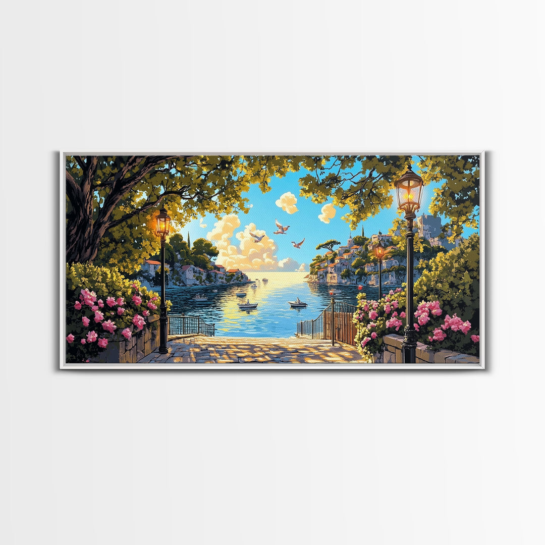Sunny Mediterranean Harbor With Flowers And Lamps Wall Art, Coastal Canvas Print, Italian Decor, Living Room Wall Decor Gift