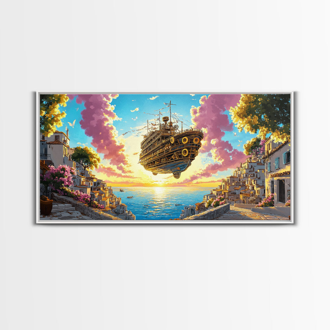 Floating Steampunk Ship Above White Coastal Village Canvas Print, Fantasy Wall Art, Mediterranean Decor, Travel Poster Gift