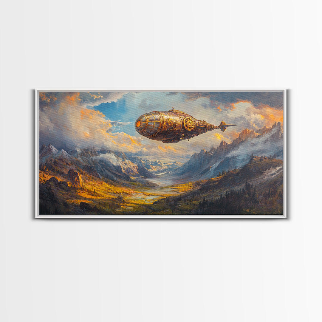 Golden Steampunk Airship Over Snowy Mountain Valley Canvas Print, Fantasy Wall Art, Moody Landscape Art, Office Decor Gift