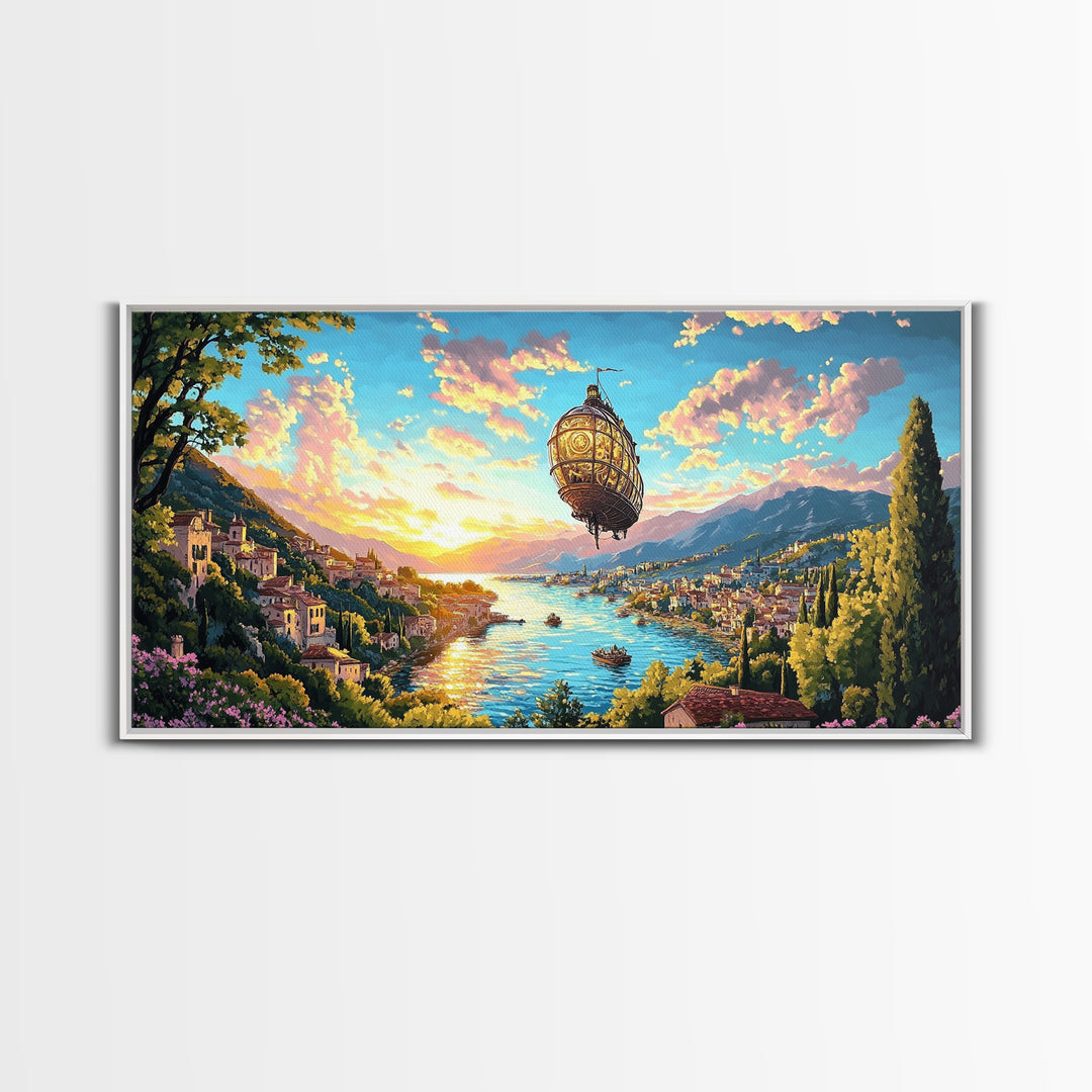 Ornate Airship Over Lake Como Sunset Framed Canvas Print, Italian Wall Art, Mediterranean Decor, Romantic Travel Poster Gift