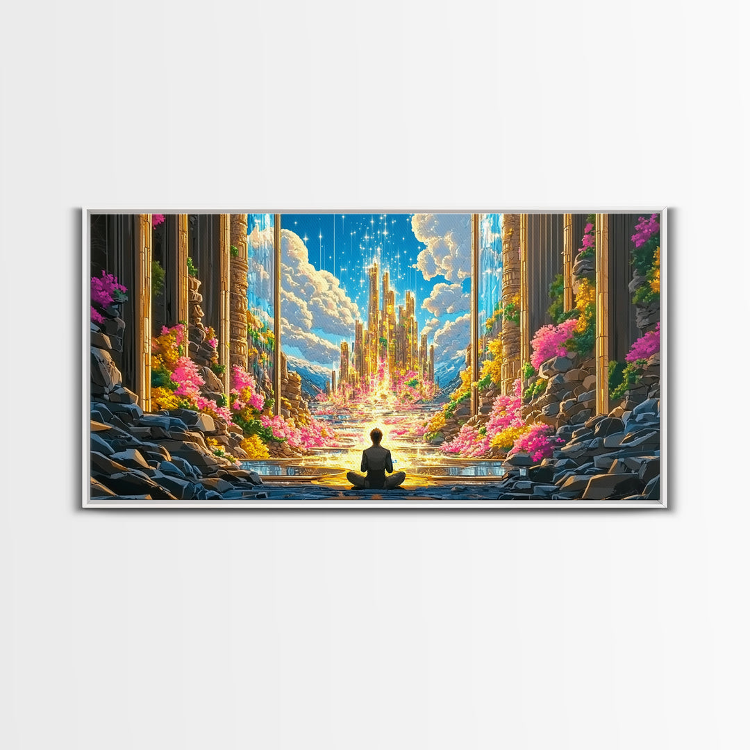 Meditating Figure Before Golden Celestial City Canvas Print, Fantasy Wall Art, Spiritual Decor, Meditation Room Art Gift
