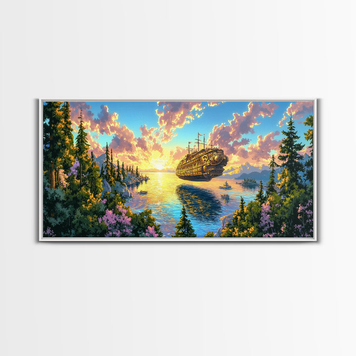 Steampunk Airship Over Sunset Forest Lake Framed Canvas Print, Fantasy Wall Art, Nature Decor, Cabin Living Room Art Gift