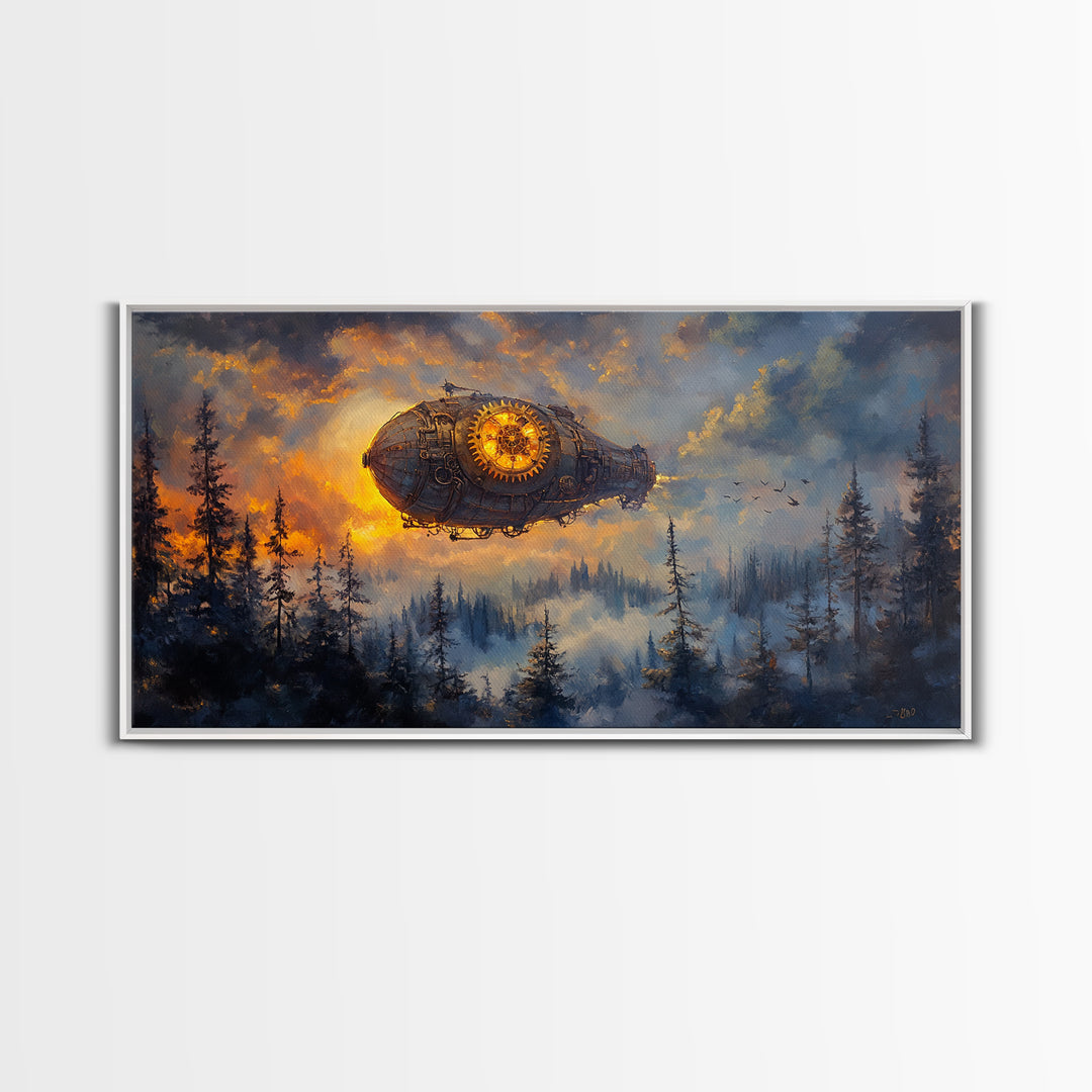 Moody Steampunk Airship Above Misty Pine Forest Canvas Print, Dark Fantasy Wall Art, Industrial Decor, Masculine Office Art