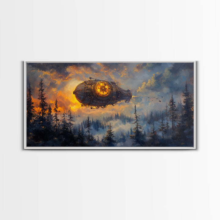 Moody Steampunk Airship Above Misty Pine Forest Canvas Print, Dark Fantasy Wall Art, Industrial Decor, Masculine Office Art