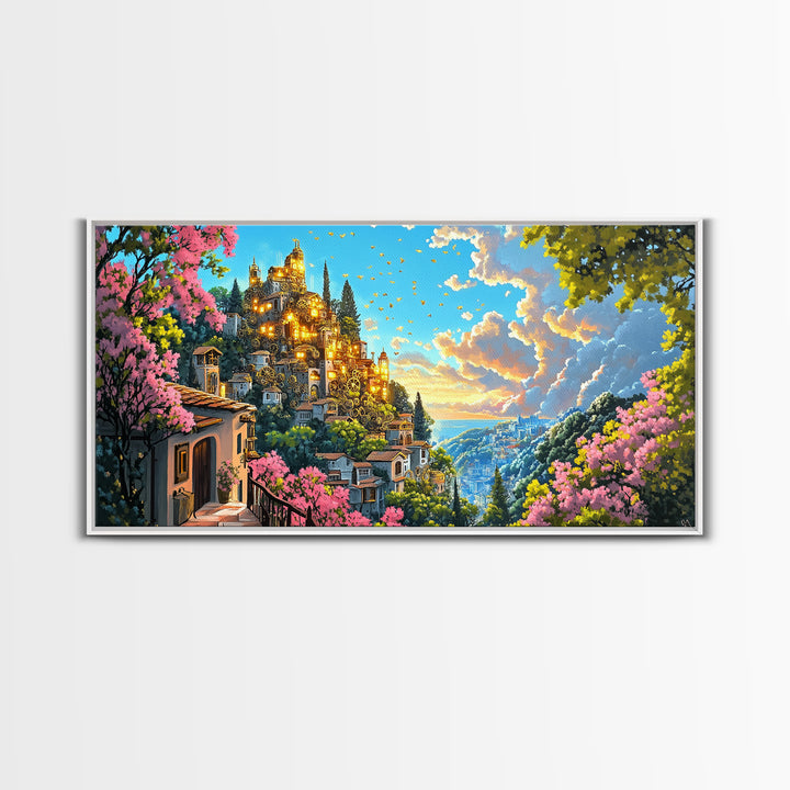 Golden Hilltop Castle With Pink Blossoms And Blue Valley Wall Art, Fantasy Canvas Print, Mediterranean Decor, Maximalist Art Gift