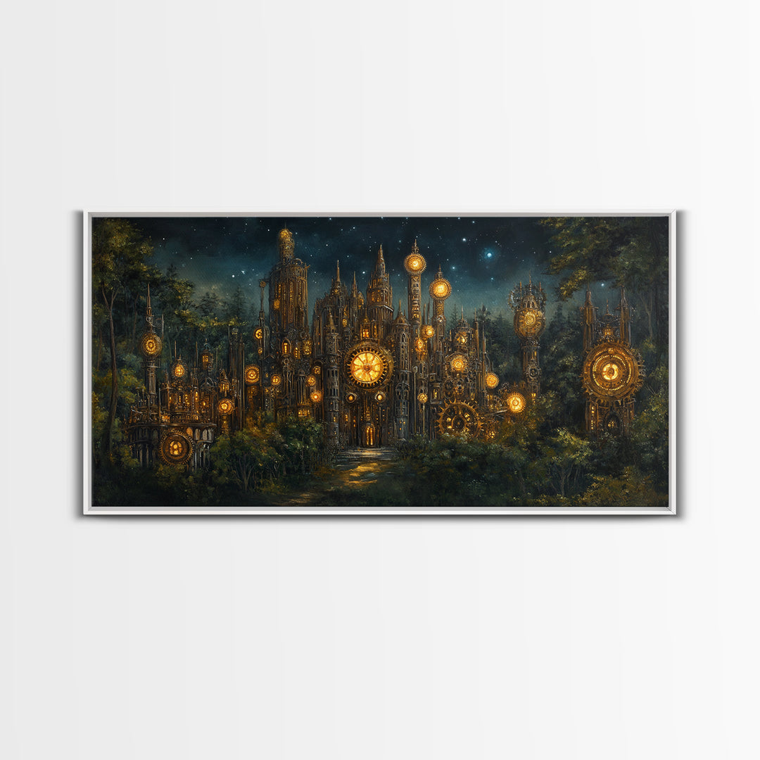 Clockwork Cathedral In Starry Forest Wall Art, Steampunk Fantasy City Canvas, Gothic Celestial Decor, Moody Office Print