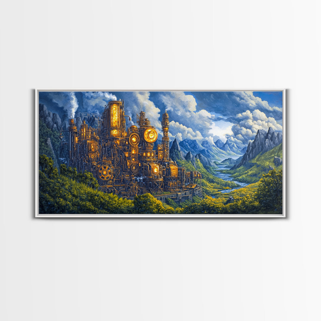 Steampunk Mountain Fortress Canvas Print, Industrial Fantasy Landscape Art, River Valley Wall Decor, Adventure Home Decor
