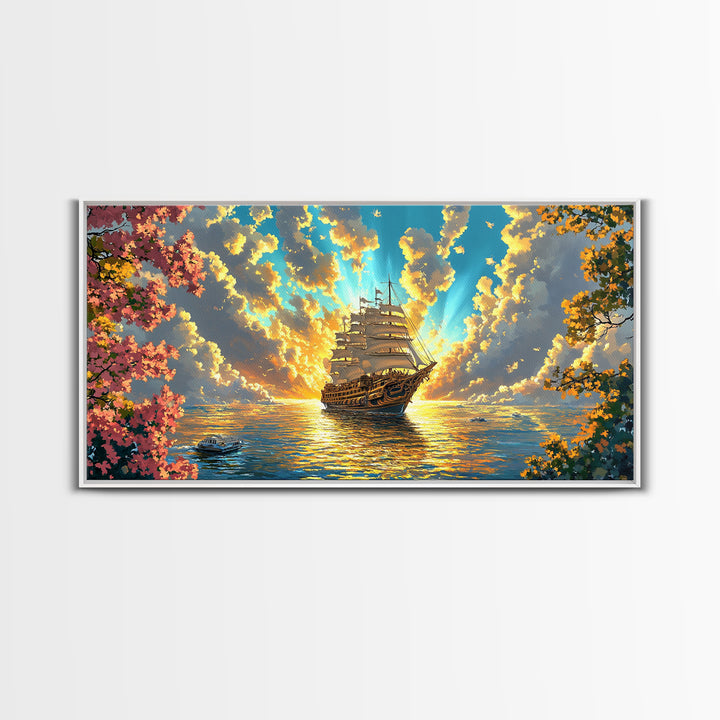 Golden Sailing Ship Canvas Print, Sunset Ocean Seascape Wall Art, Nautical Coastal Decor, Romantic Beach House Living Room Art