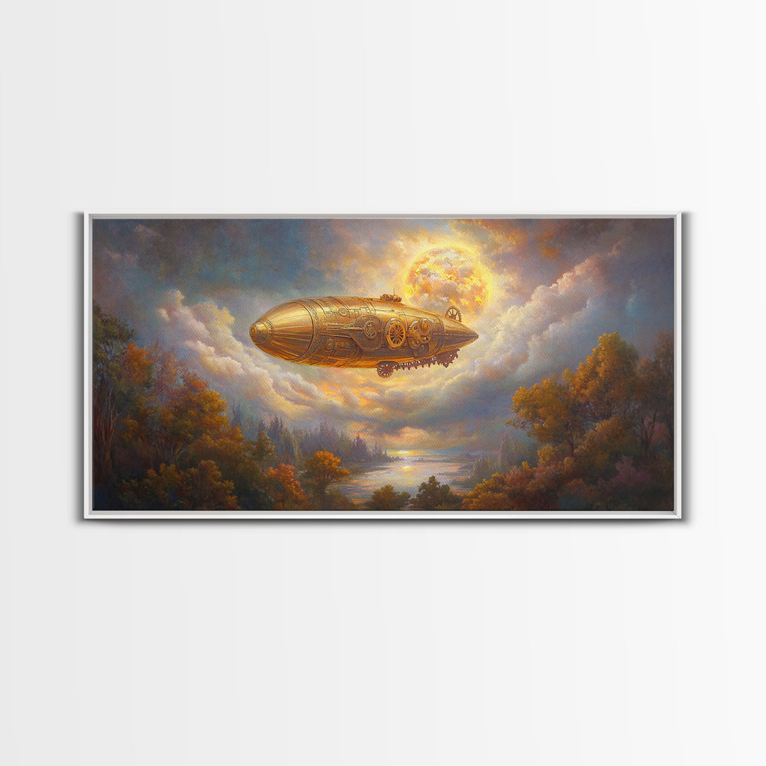 Golden Steampunk Airship Framed Canvas Print, Autumn River Landscape Wall Art, Celestial Moon Decor, Fantasy Office Art Print