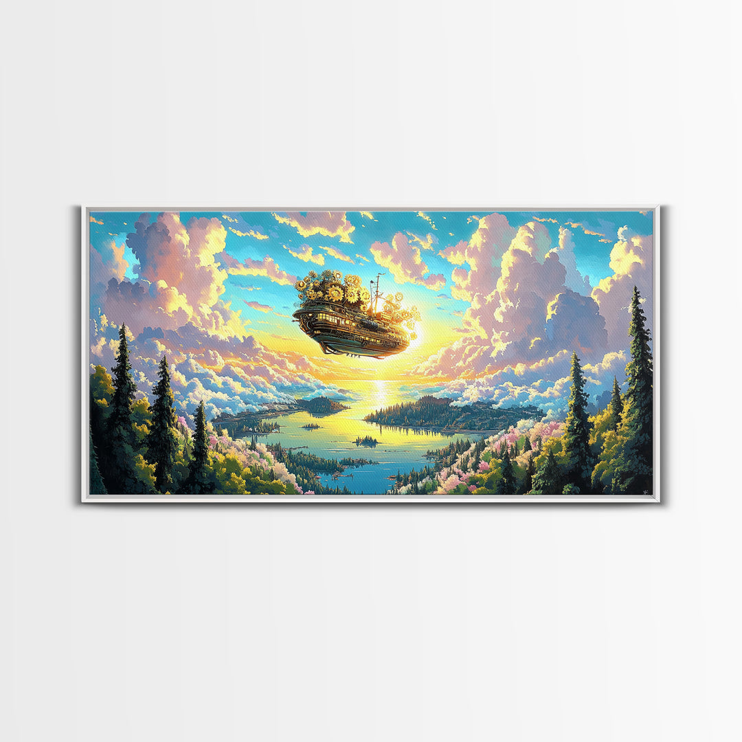 Floating Clockwork Island Canvas Print, Dreamy Lake Sunrise Wall Art, Pastel Cloud Fantasy Decor, Whimsical Home Decor Art