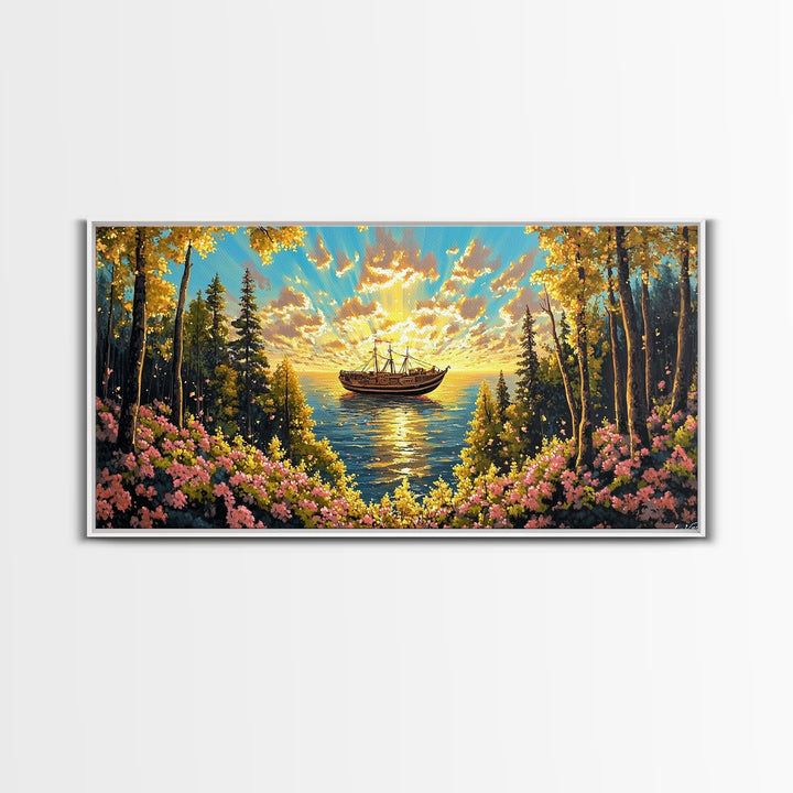 Sunset Boat On Forest Lake Wall Art, Wildflower Coastal Landscape Canvas Print, Rustic Nature Home Decor, Cozy Cabin Art