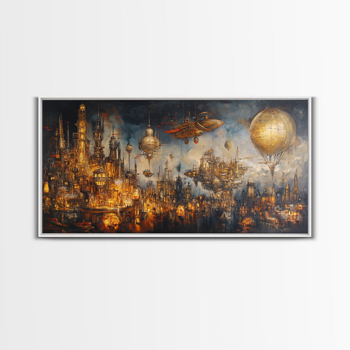 Steampunk Fantasy City With Airships Framed Canvas Print, Futuristic Wall Art, Dark Sci Fi Decor, Large Gothic Skyline Art