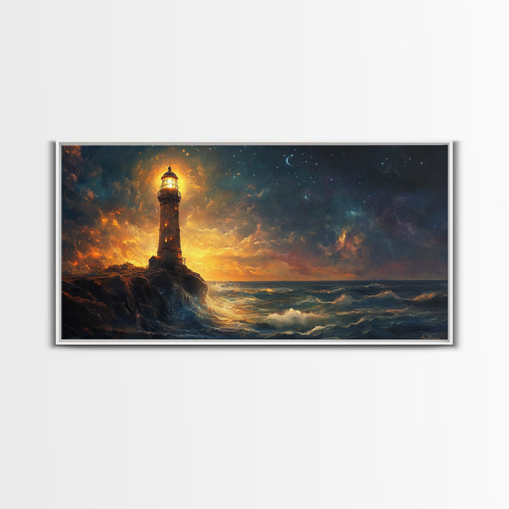 Stormy Lighthouse At Night Framed Canvas Print, Moody Seascape Wall Art, Coastal Decor, Ocean Painting, Gift For Him, Office Decor