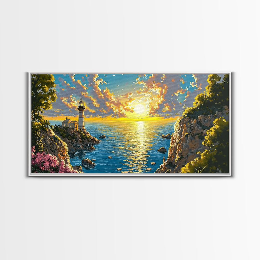 Golden Coastal Cove Lighthouse Canvas Print, Beach Wall Art, Ocean Sunset Painting, Nautical Decor, Living Room Wall Art