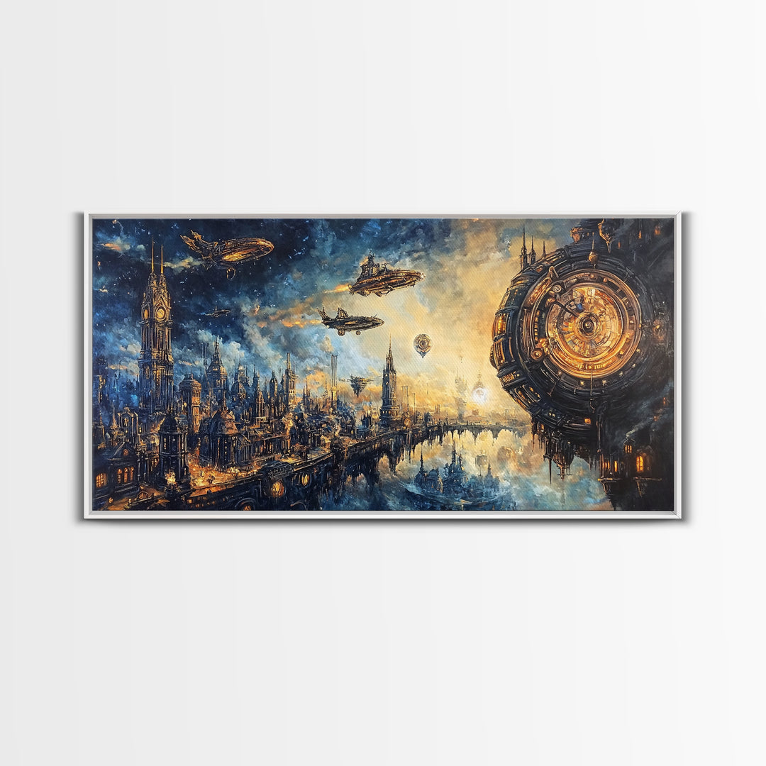 Sci Fi Clockwork City With Airships Framed Canvas Print, Futuristic Wall Art, Space Decor, Cyberpunk Cityscape Art, Large Wall Art