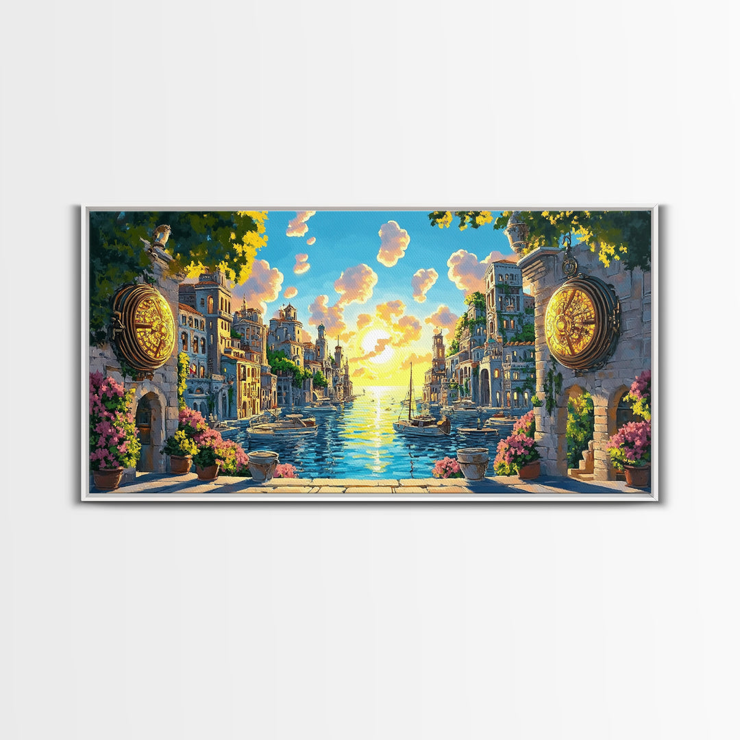 Glowing Canal City With Golden Portals Framed Canvas Print, Mediterranean Wall Art, Coastal Decor, Fantasy Landscape Art