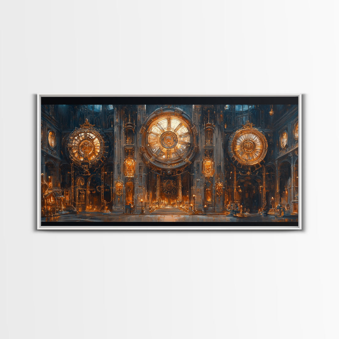 Ornate Steampunk Clock Hall Framed Canvas Print, Gothic Wall Art, Industrial Decor, Large Clockwork Interior Art, Office Decor