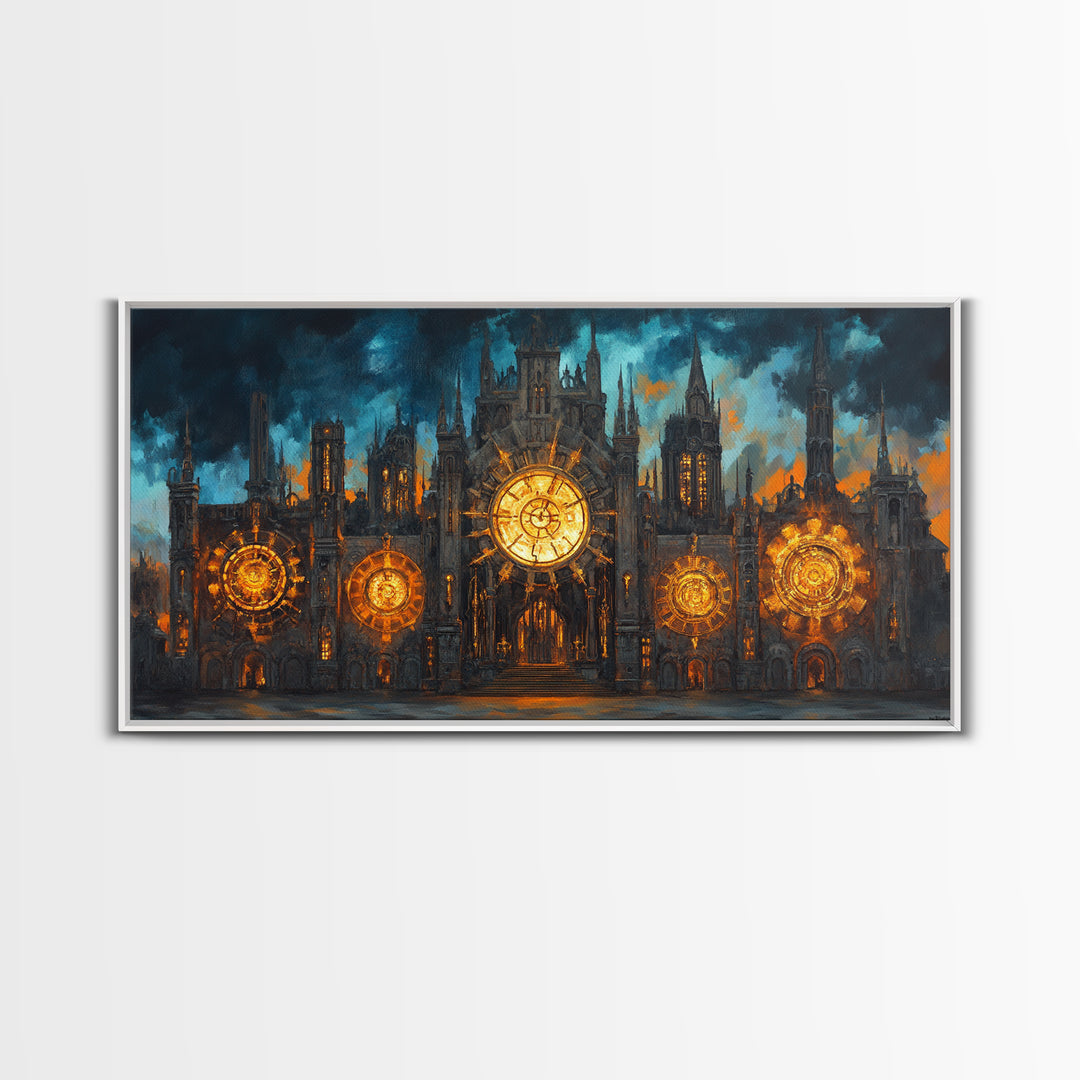 Gothic Clockwork Cathedral With Glowing Clocks Framed Canvas Print, Dark Academia Wall Art, Steampunk Decor, Large Wall Art