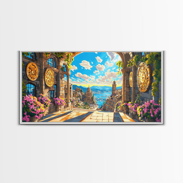 Sunlit Mediterranean Archway And Floral Coastal City Wall Art, Fantasy Italy Seascape Print, Large Travel Decor Home Decor Canvas Print