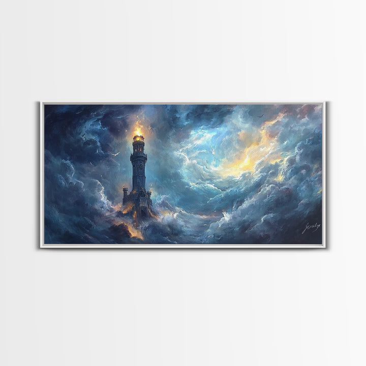 Stormy Lighthouse In Rolling Clouds Framed Canvas Print, Moody Seascape Wall Art, Dark Fantasy Ocean Decor For Living Room