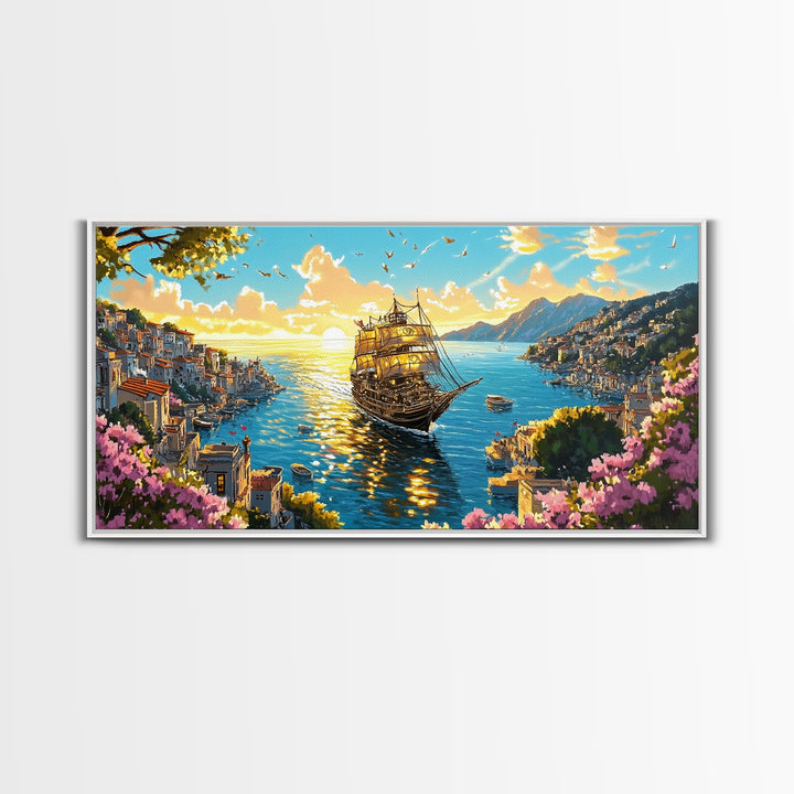 Ornate Ship In Sunlit Harbor Canvas Print, Mediterranean Coastal Wall Art, Floral Seascape Travel Home Decor For Living Room